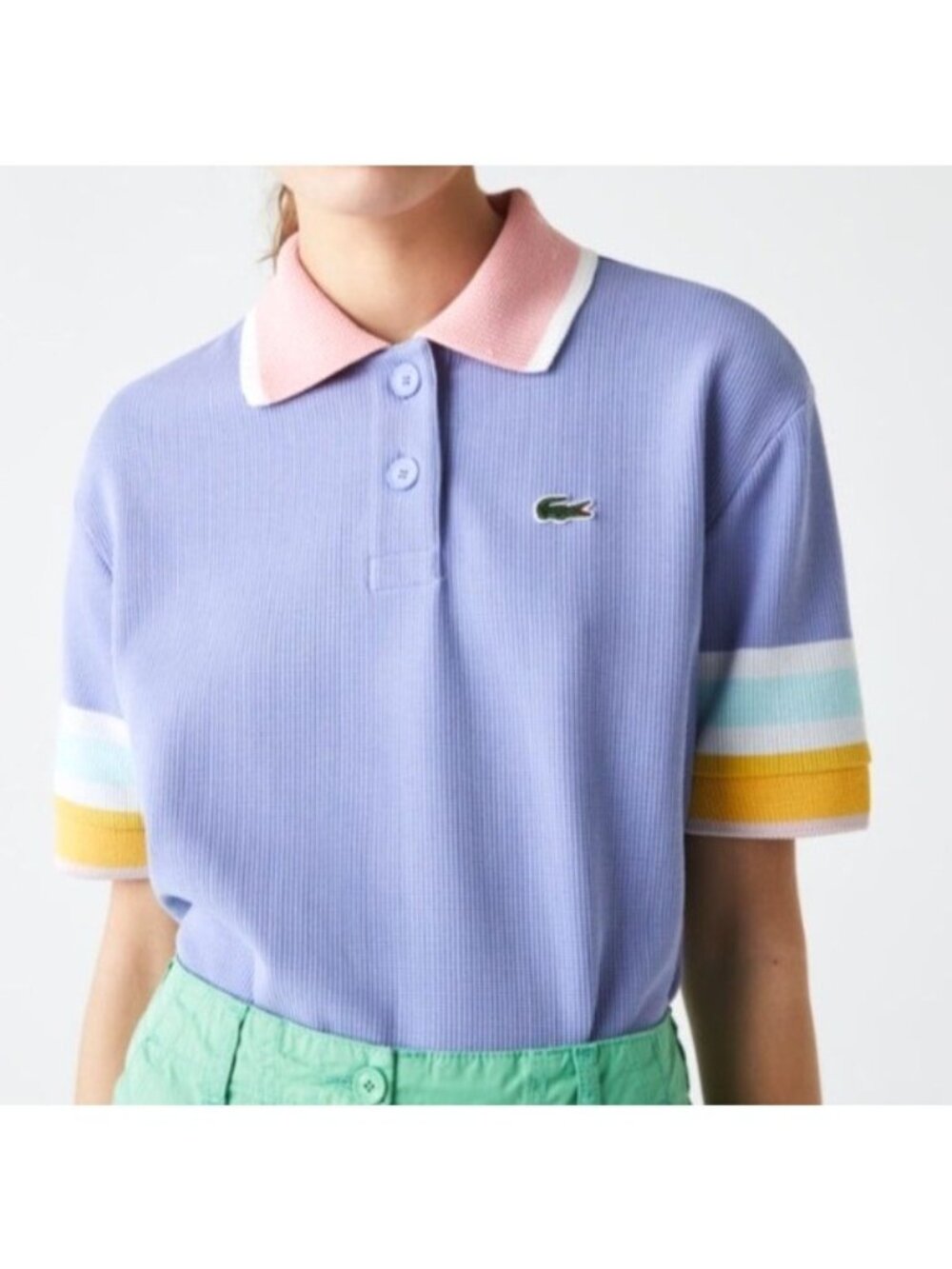 Lacoste Lavender Knit Polo with Pink Collar and Yellow Stripe